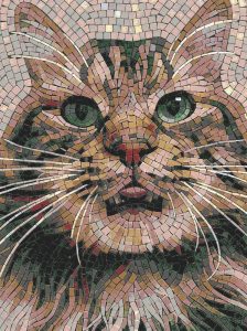 Mosaic Portrait of a Cat with Green Eyes