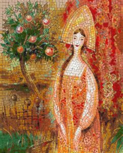 Golden Mosaic Portrait of a Woman and Fruit Tree