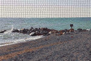Serene Coastal Mosaic Art – Turquoise Sea and Rocky Shore