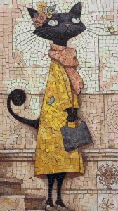 Elegant Black Cat in Yellow Coat Mosaic Art