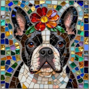 French Bulldog with Flower Mosaic Art – Opus Incertum Style