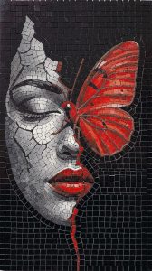 Surreal Woman and Red Butterfly Mosaic Art