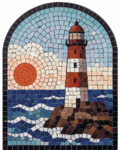 Mosaic Art: Red and White Lighthouse at Sunset