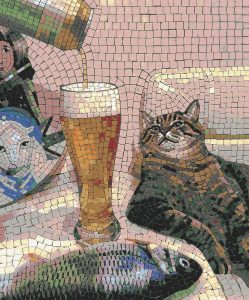 Whimsical Cat and Beer Mosaic Art