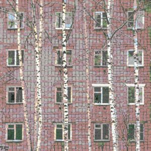 Urban Nature: Birch Trees and Brick Wall Mosaic
