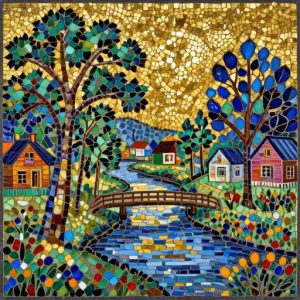 Byzantine Mosaic Village Landscape with River
