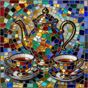Colorful Teapot and Tea Cups Mosaic Art