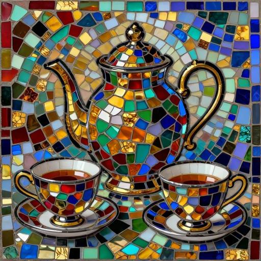 Colorful Teapot and Tea Cups Mosaic Art