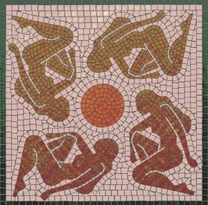 Circular Dance Mosaic Art – Stylized Figures and Sun