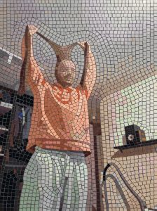 Mosaic Art: Person Stretching in Warm Tones
