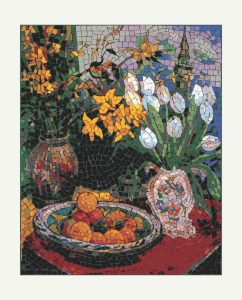 Vibrant Still Life Mosaic with Flowers and Fruit