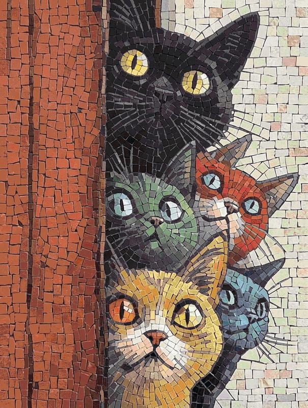 Curious Cats Mosaic Art - Colorful Wall Decor