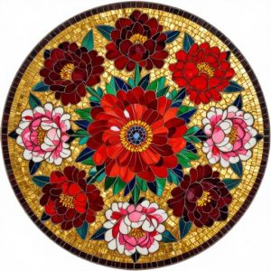 Byzantine Peony Floral Mosaic – Custom Circular Wall Art