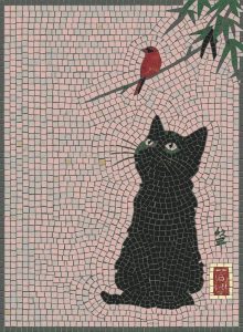 Black Cat and Red Bird Mosaic Art