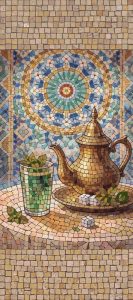 Moroccan Tea Mosaic Art: Golden Teapot and Mint