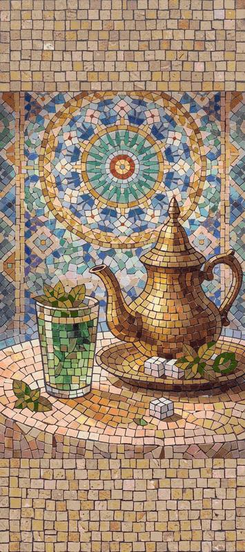 Moroccan Tea Mosaic Art: Golden Teapot and Mint