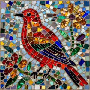 Red Bird in Flowers Mosaic Art – Opus Incertum