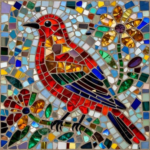 Red Bird in Flowers Mosaic Art - Opus Incertum