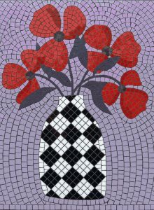 Red Flowers in Checkered Vase Mosaic Art