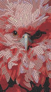 Red Owl Mosaic Art – Intense Bird Portrait