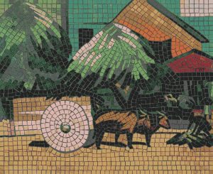 Rustic Countryside Mosaic Art – Traditional Cart Scene