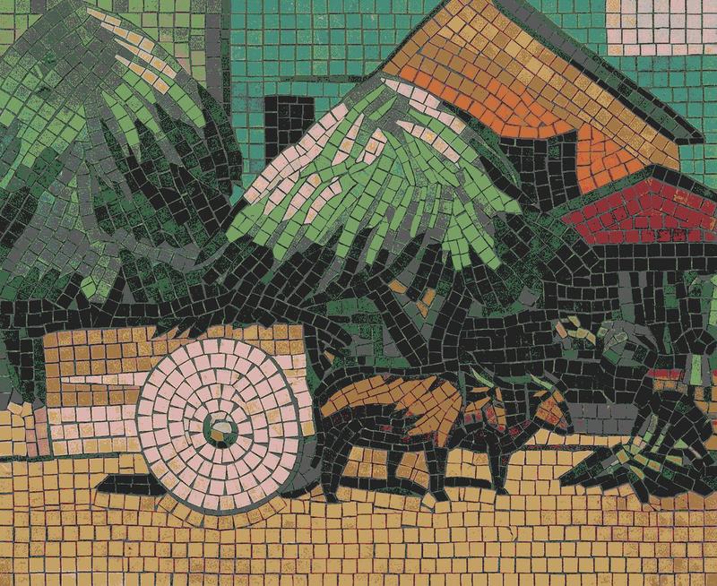 Rustic Countryside Mosaic Art - Traditional Cart Scene