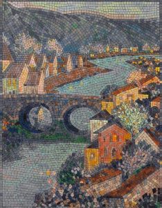 Mosaic Art: Peaceful European Town with Stone Bridge