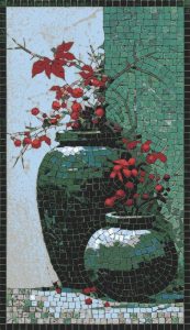 Green Vases with Red Berries Mosaic Art