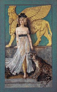 Classical Mosaic: Woman with Golden Sphinx and Leopard