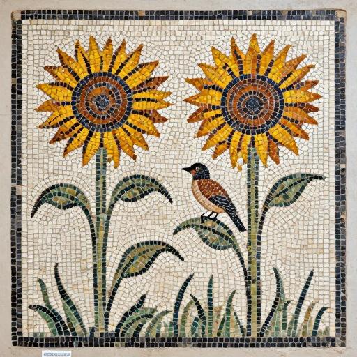 Sunflowers and Sparrow Mosaic Art - Opus Tessellatum