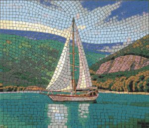 Serene Sailboat Mosaic Art – Peaceful Nautical Scene