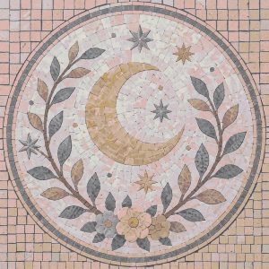 Celestial Moon and Floral Wreath Mosaic Art