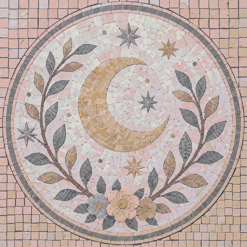 Celestial Moon and Floral Wreath Mosaic Art