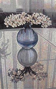 Elegant Floral Mosaic Art – Round Vase with White Blossoms