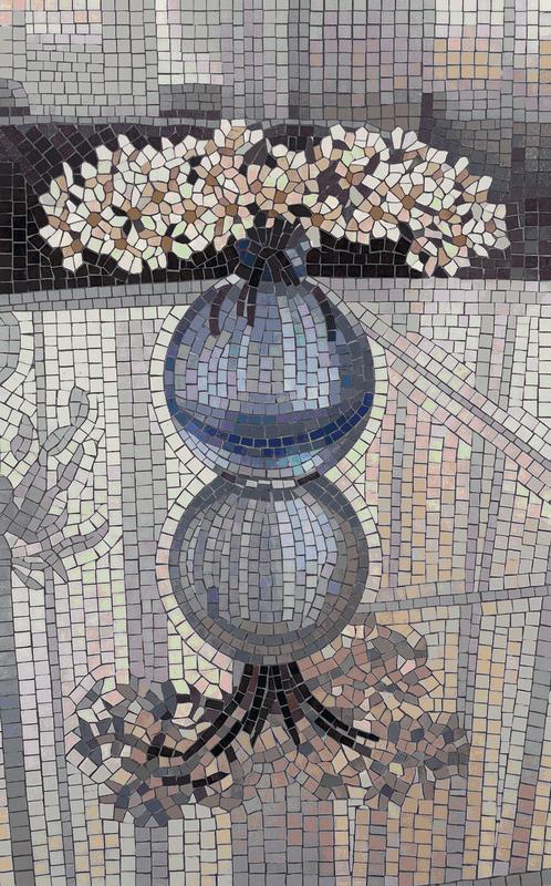 Elegant Floral Mosaic Art - Round Vase with White Blossoms