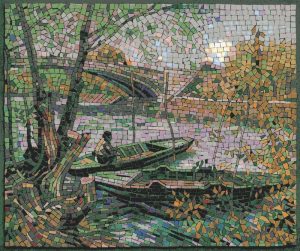 Serene River Mosaic Art – Peaceful Boat Scene