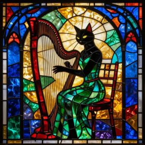 Black Cat Playing Harp – Stained Glass Mosaic Art