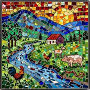 Sunset Countryside Mosaic Art – Opus Incertum Style