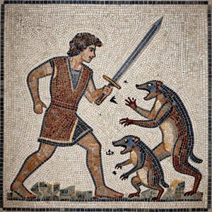 Mosaic Art: Young Warrior vs Mutant Creatures