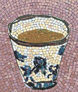 Mosaic Art: Golden Drink in a Blue and White Cup