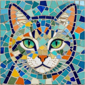 Vibrant Green-Eyed Cat Trencadís Mosaic Art