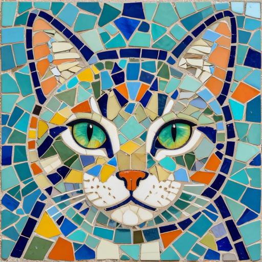 Vibrant Green-Eyed Cat Trencadís Mosaic Art
