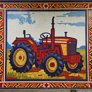 Soviet Mosaic Art – Red Tractor at Sunset