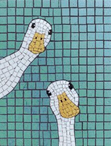 Playful Geese Mosaic Art – Teal Background