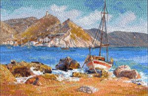 Mediterranean Coastal Mosaic Art – Traditional Boat on Shore
