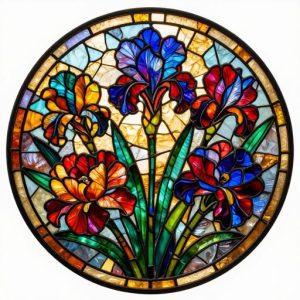 Stained Glass Mosaic with Irises and Peonies – Round Art