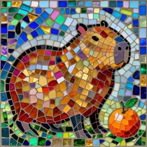 Cartoon Capybara with Tangerine Mosaic Art