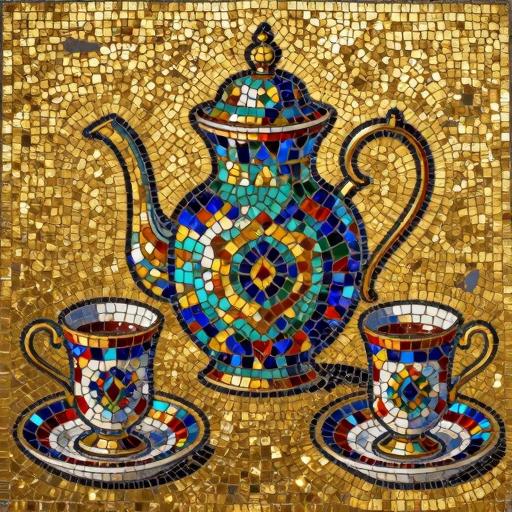 Byzantine Mosaic Teapot and Teacups Still Life