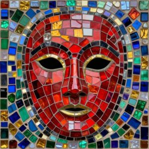 Red Theatre Mask Mosaic Art – Opus Incertum Style