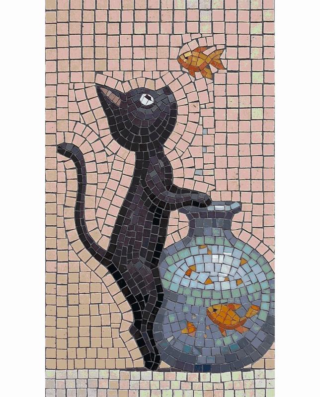 Curious Black Cat and Goldfish Mosaic Art